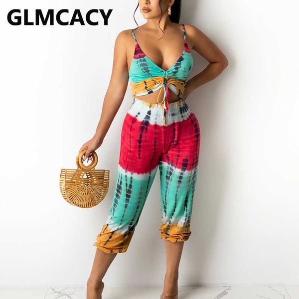 

two piece tie dye suits spaghetti strap crop & casual long pants set 210702, White