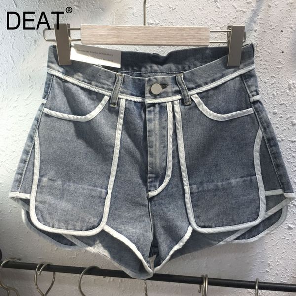 Duplo bolsos luz azul contraste cor patchwork hemmed jeans cintura alta shorts lavado calças mulheres verão gx818 210421