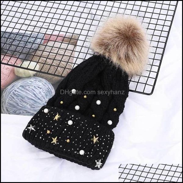 

hats, scarves & gloves aessories beanie/skl caps winter wool knitted hat fashion keep warm pearl female beanie cap pompom hats for women dro, Blue;gray