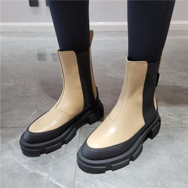 

boots brand women genuine leather thick high heels ankle punk platforms warm autumn winter party shoes woman short, Black