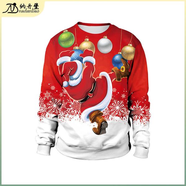 

2021 festive santa claus christmas digital print pullover round neck christmas couple sweater, Black
