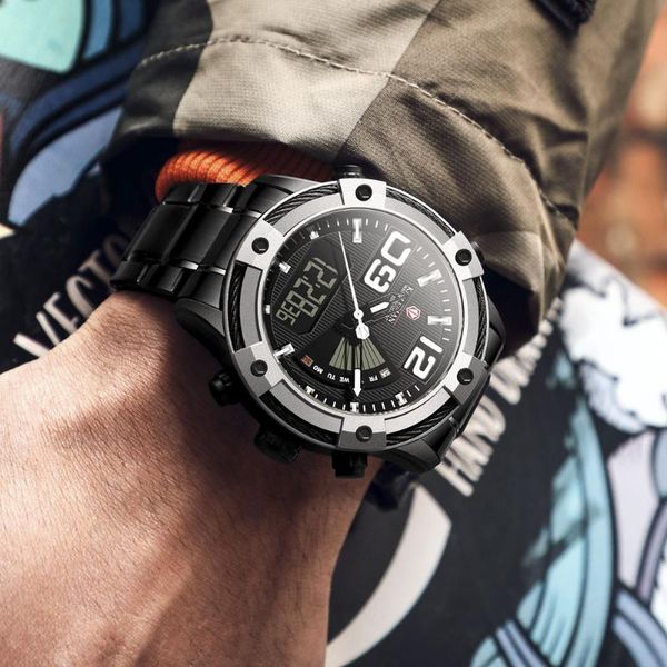 

mens sport watches luxury quartz steel strap waterproof military digital wristwatches men clock relogio masculino 2021, Slivery;brown