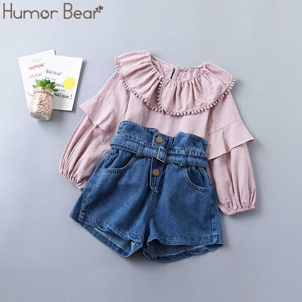 

humor bear fashion girl clothing set new spring autumn pleated solid color shirt + jeans 2pcs set toddler girl clothes suit x0902, White