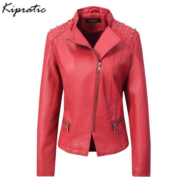 

women's leather & faux slim pu women jacket ladies rivet punk style streetwear spring moto biker coat outwear, Black