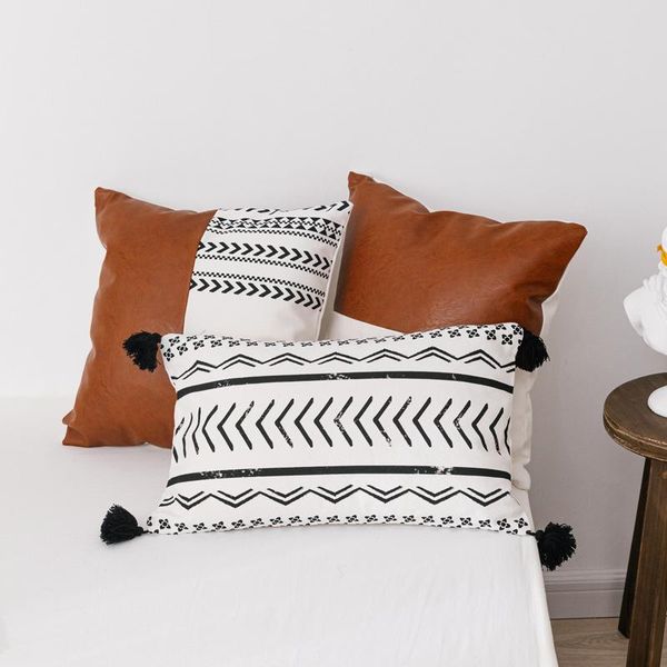 

cushion/decorative pillow geometric cushion cover jacquard case faux leather cotton throw striped dotted grid art covers
