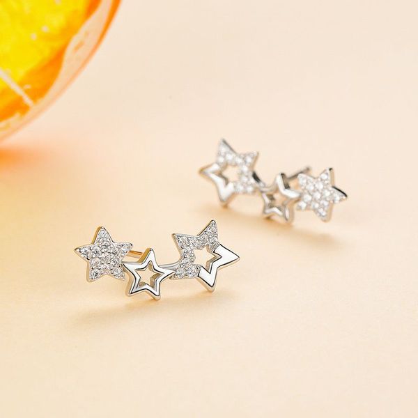 

luxury 925 sterling silver stud earrings simple fashion cubic zircon hollow three-star fine jewelry for women gift, Golden;silver