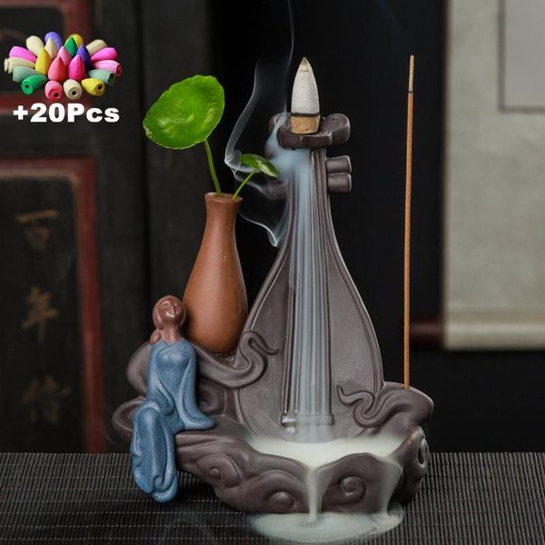 

fragrance lamps +20pcs incense cones creative beauty lute backflow burner stick holder hydroponic vase ashtray