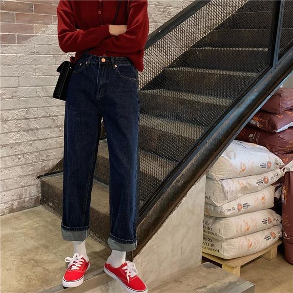 

women's jeans woman pants straight high waist for women autumn and winter loose high-waisted trousers pantalones vaqueros mujer, Blue