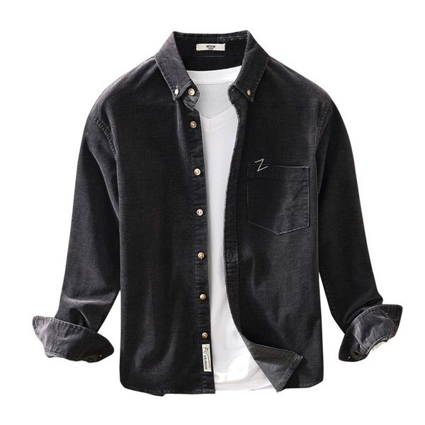 

men's casual shirts corduroy long sleeve shirt for men turn-down collar solid color cotton male splid vintage button up thick clothing, White;black