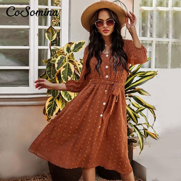 

cosomina elegant chiffon dress women v-neck sashes button female spring lantern sleeve ladies midi summer vintage casual dresses, Black;gray
