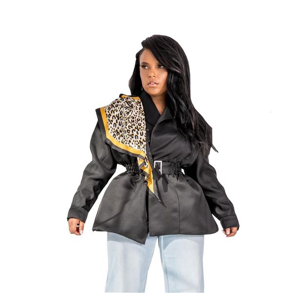 

fashionable design women coats leopard long sleeves v neck slim waist charming office lady jacket with belt black est, Black;brown