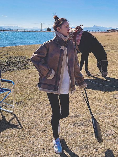 

women's fur & faux women 2021 autumn winter leather jackets female coat motorcycle jacket vintage artificial lambswool outerwear y354, Black