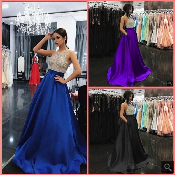 

vestido de festa 2021 blue elastic satin a line prom dresses halter neckline heavily beading sequins open back evening gowns floor length fo, Black