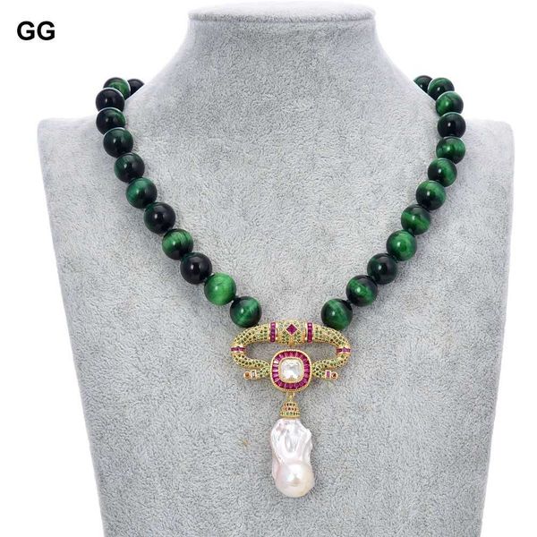 

guaiguai jewelry 18" 12mm green tiger eye necklace white keshi pearl cz pendant, Silver