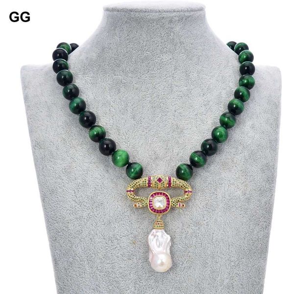 GuaiGuai Jewelry Collana con occhio di tigre verde da 45,7 cm e 12 mm. Ciondolo con perle Keshi bianche e zirconi cubici