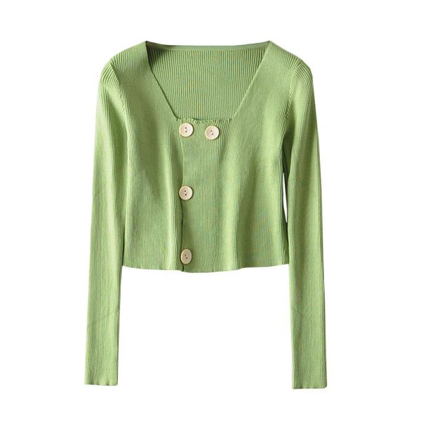 

green black slash neck knitted solid long sleeve women thin sweater tee autumn spring button b0514 210514, White