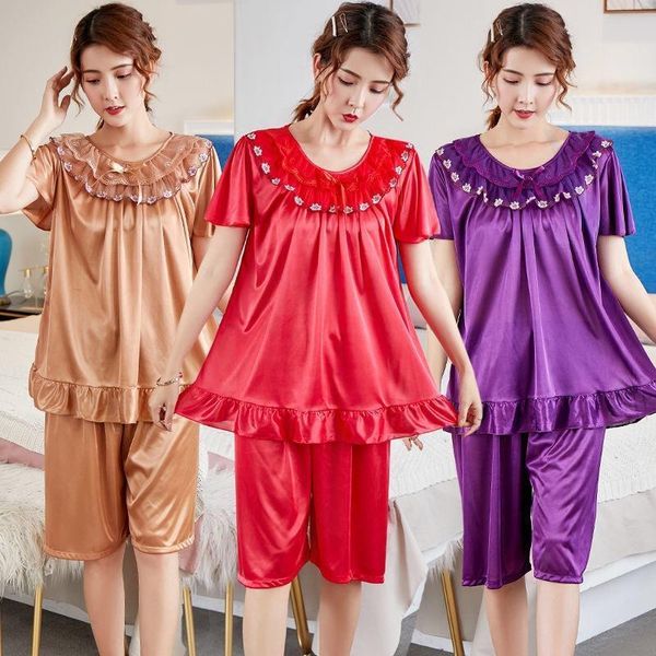 

paj womens sleepwears plus size 5xl satin pajamas set with shorts underwear round neck nightwear for middle age women 90kg, Black;red