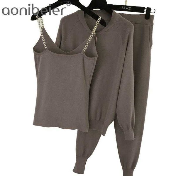 

3 piece knitted sets zipper sweater tank and pants suit cami casual outfits knitwear female tracksuits 210604, White