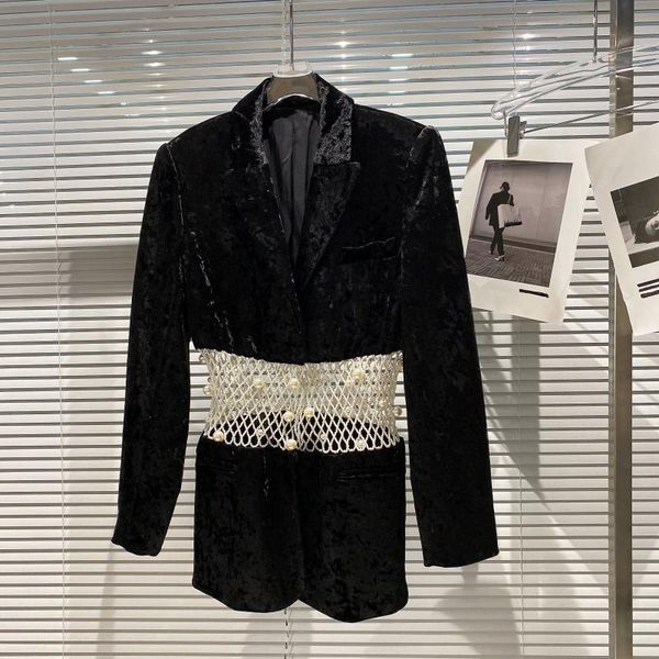 

women's suits & blazers for women elegant 2021 autumn pearl hollowed out gold velvet suit female long sleeve black casual slim jacket, White;black