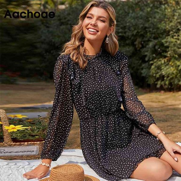

women casual print chiffon dress see through long sleeve pleated mini dress ruffles beach sundress 2021 robe femme s-xl, Black;gray