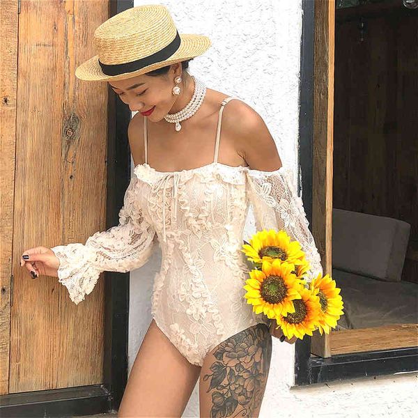

Arrival swimsuit Lace Belt Stripes Defensive Long One-Piece Bikini Push up, White;black
