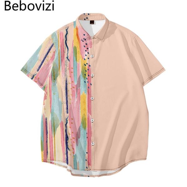 

men's casual shirts bebovizi fashion patchwork striped print short sleeved pink shirt summer men loose hawaiian camisas clothing, White;black