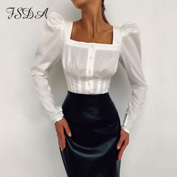 

2021 square neck long puff sleeve blouse shirt women elegant white button fashion autumn winter ladies shirt sexy, Black;white