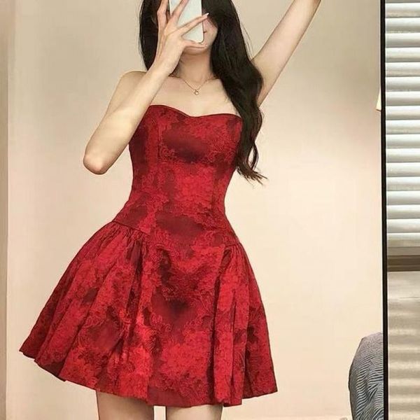 

casual dresses summer shoulder printed party dress women backless jacquard strapless red ball gown mini vestidos mujer robe femme, Black;gray