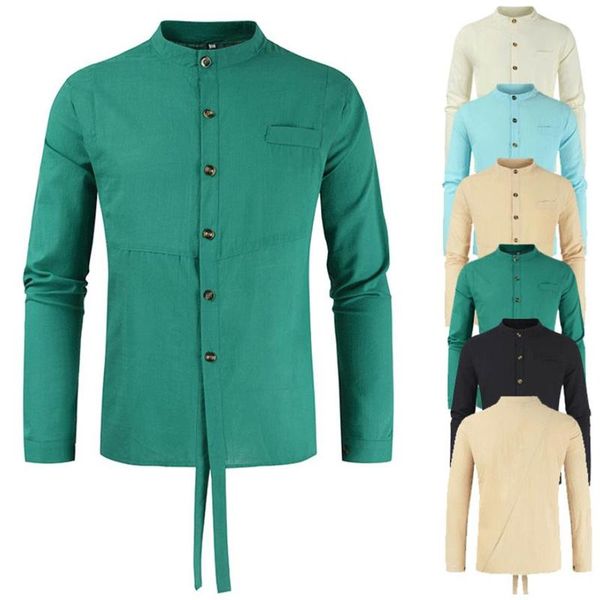 

men's casual shirts spring and autumn cotton linen shirt style stand collar long sleeve, White;black
