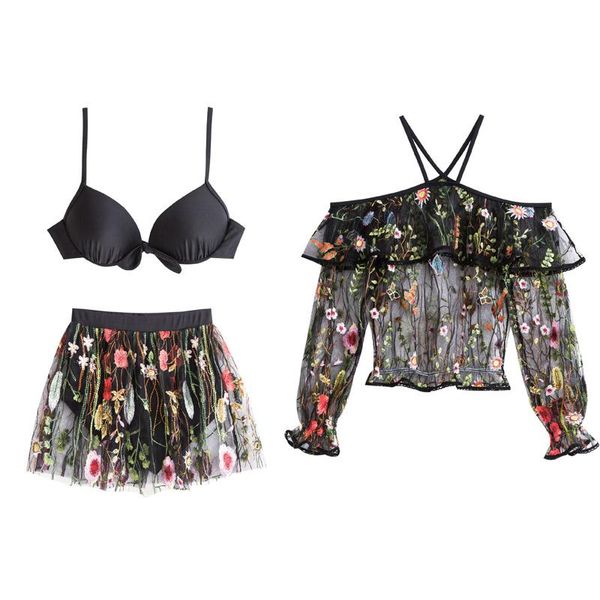 

one-piece suits black lace swimsuits women 2021 swimwear female vintage sporty three pieces swimming suit maillot de bain