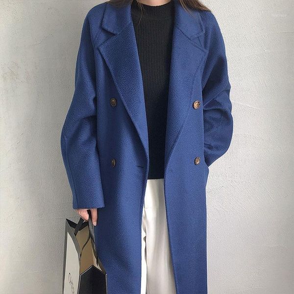 

women's wool & blends 2021 winter high-end water double-sided cashmere coat suit collar large pocket medium long lace, Black