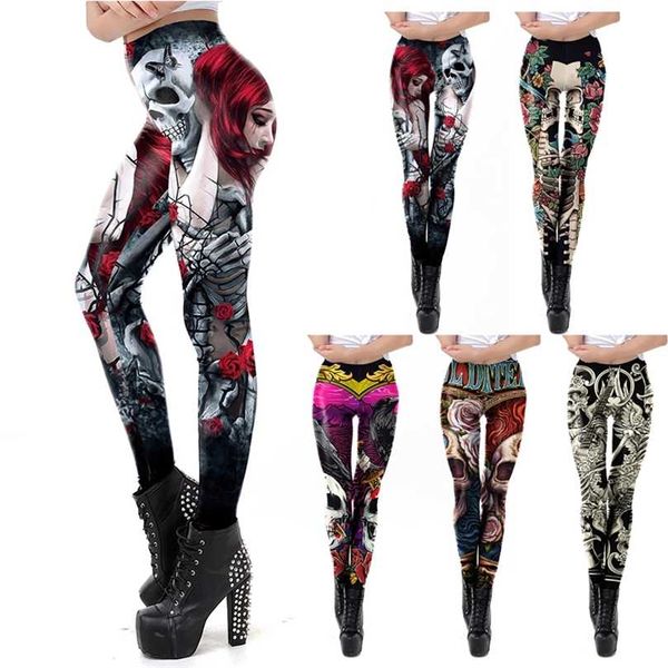 Mode Schädel Rose Print Leggings Cosplay Halloween Frauen Hosen Sexy Dünne Weibliche Plus Größe Naht Fitness 211204