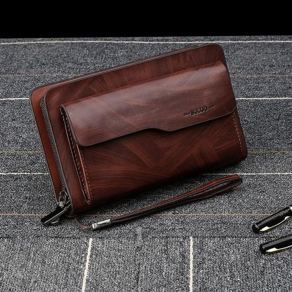 

men's leather wallet clutch bag long purse double zipper money clip black business organizer male handy wallets, Red;black