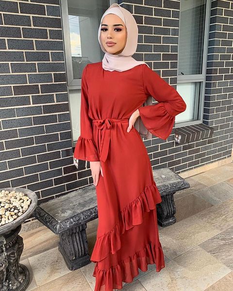 

sweat muslim cascading ruffle dress women solid color lace-up slim maxi a-line dresses moroccak kafan elegant vestidos islamic, Red