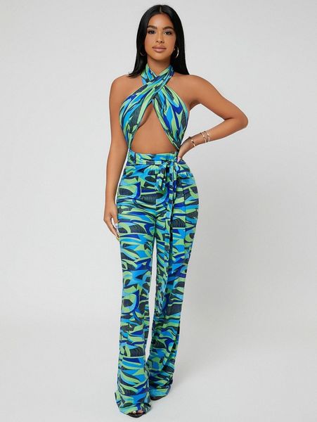 

sxy random print belted crisscross backless jumpsuit c4kc#, White