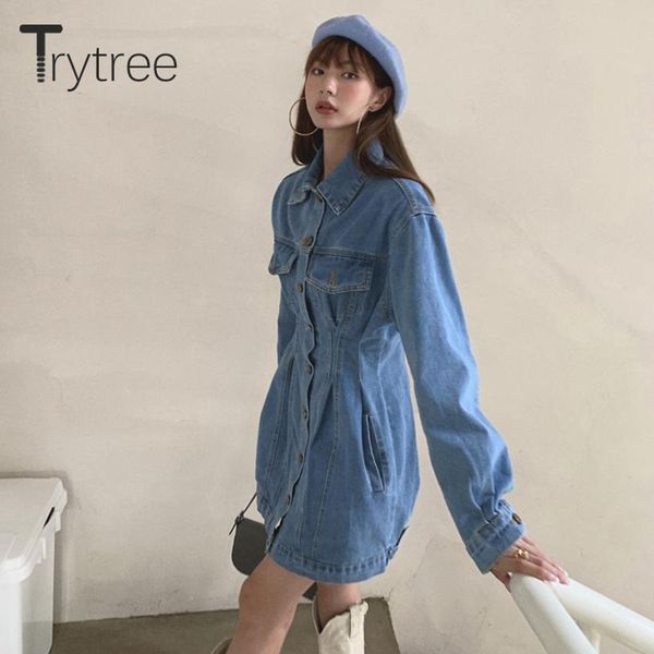 

casual dresses trytree 2021 autumn winter women's dress kawaii long sleeve puff solid denim a-line vintage mini bodycon, Black;gray