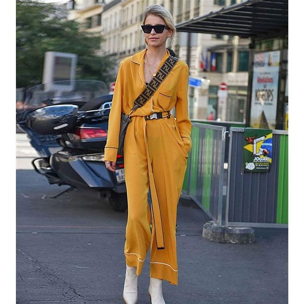 

women's jumpsuits & rompers ael dark yellow split joint satin lace up jumpsuit adjustable waist wide leg 2021 spring autumn woman casua, Black;white
