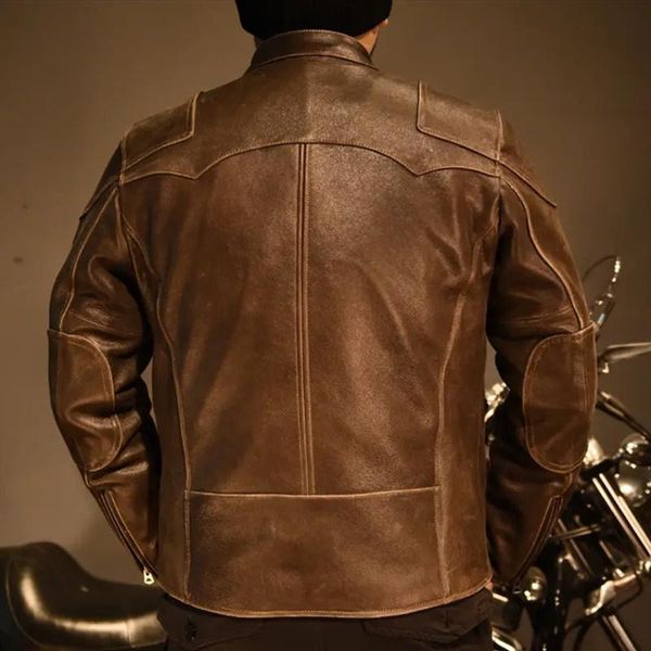 

men's leather & faux vintage 2021 brown american motorcycle style genuine jacket men large size 3xl real natural cowhide autumn biker c, Black