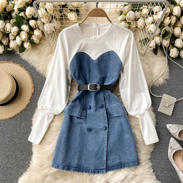 

two piece dress foamlina new chic women patchwork denim fashion spring o-neck long puff sleeve buttons belted a-line short jeans v, White