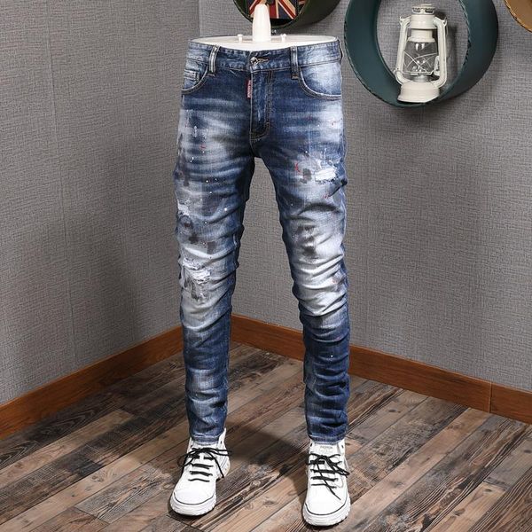 

men's jeans italian brand fashion men retro blue slim ripped distressed painted designer hip hop denim pants