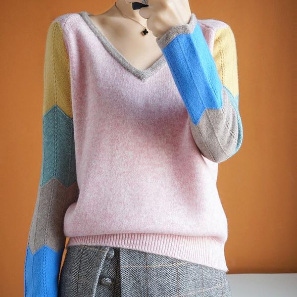 

wool sweater women patchwork v-neck long sleeves pullover short casual stylish girls female warm jumpers knitwear women's sweaters, White;black