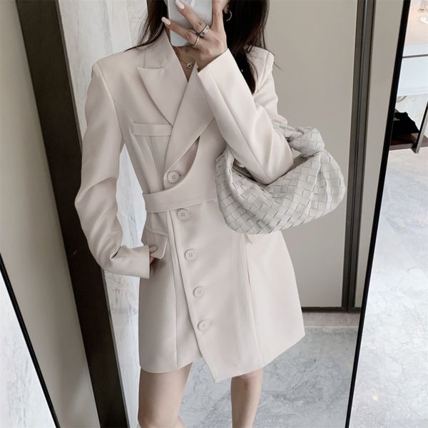 Cintura avvolta asimmetrica Office Lady Blazer Dress Chic Casual Ladies Simple Abiti moderni a maniche lunghe Autunno 210510