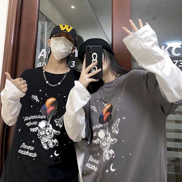 

fake two-piece long-sleeved shirts for men and women round ne loose thin spring and autumn new hong kong style trend casu, Black