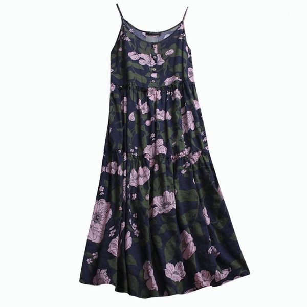 

female clothing 2021 women plus size button loose sleeveless boho retro linen print long maxi dress elegant women's bodycon#5 casual dr, Black;gray