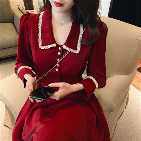 

women dresses autumn red doll collar elegant chic slim maxi dress fashion party clothes vintage long sleeve vestidos, Black;gray
