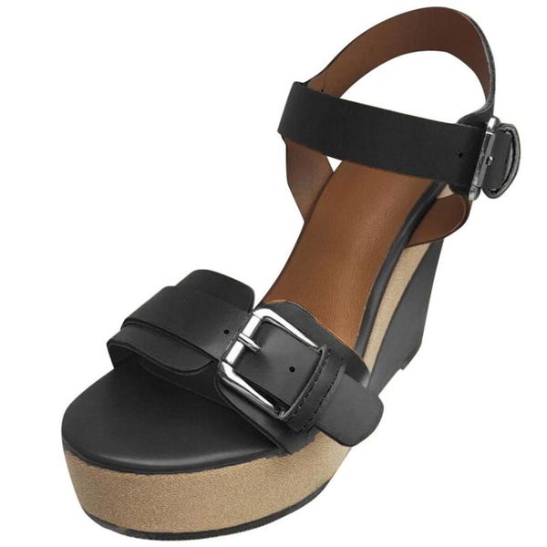 

women sandals 2021 summer womens platform high wedge heel ankle strap peep toe comfy shoes for ladies, Black