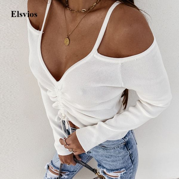 

women's blouses & shirts elegant solid drawstring women shirt blouse spring v-neck off shoulder casual summer long sleev, White