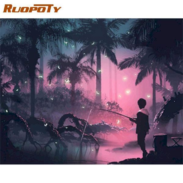 

paintings ruopoty frame diy painting by numbers nigt fishing landscape wall art picture acrylic home decors artwork gift