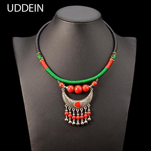 

chokers uddein bohemian ethnic necklace for women vintage torques bib beads jewelry black leather chunky chain statement maxi, Golden;silver