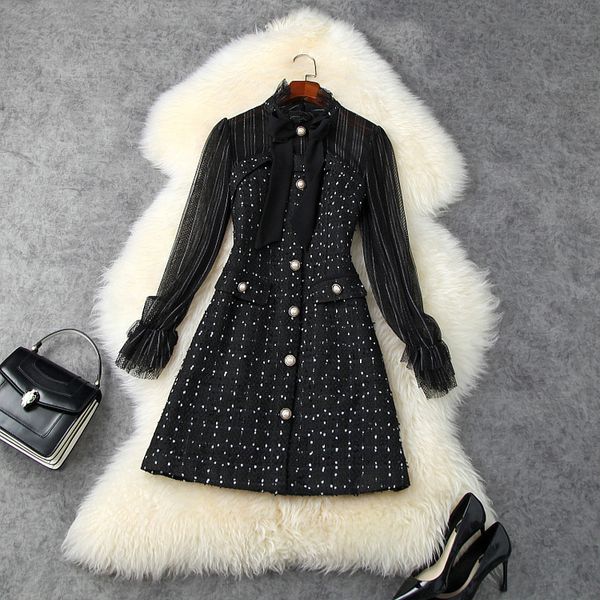 

casual dresses fall autumn long sleeve round neck black tweed ribbon tie bow panelled single-breasted dress elegant lsp02t11246 gunv, Black;gray
